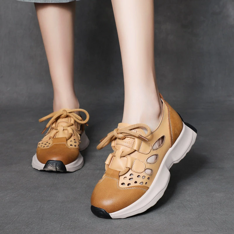 2024真皮休闲运动风系带轻便女鞋透气镂空单鞋头层牛皮女鞋潮