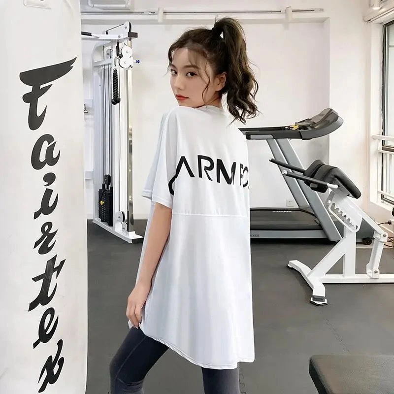 白色短袖恤女大码宽松遮肉显瘦跑步速干运动罩衫瑜伽健身服上衣