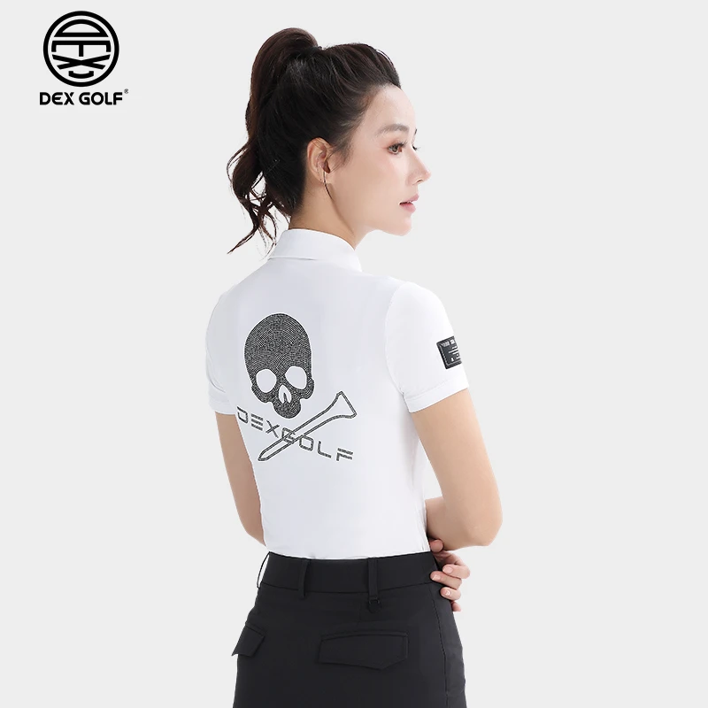 DEXGOLF高尔夫女士新款短袖3151骷髅头烫钻Polo衫运动速干修身