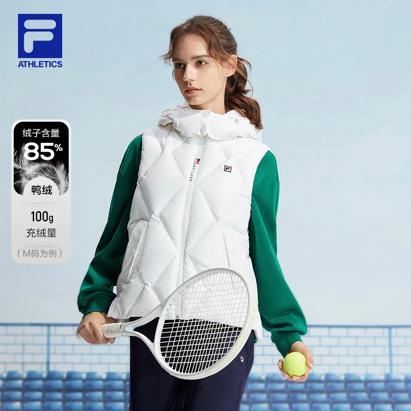 Fila斐乐女装羽绒马甲2024新款简约防风休闲保暖连帽网球羽绒服女