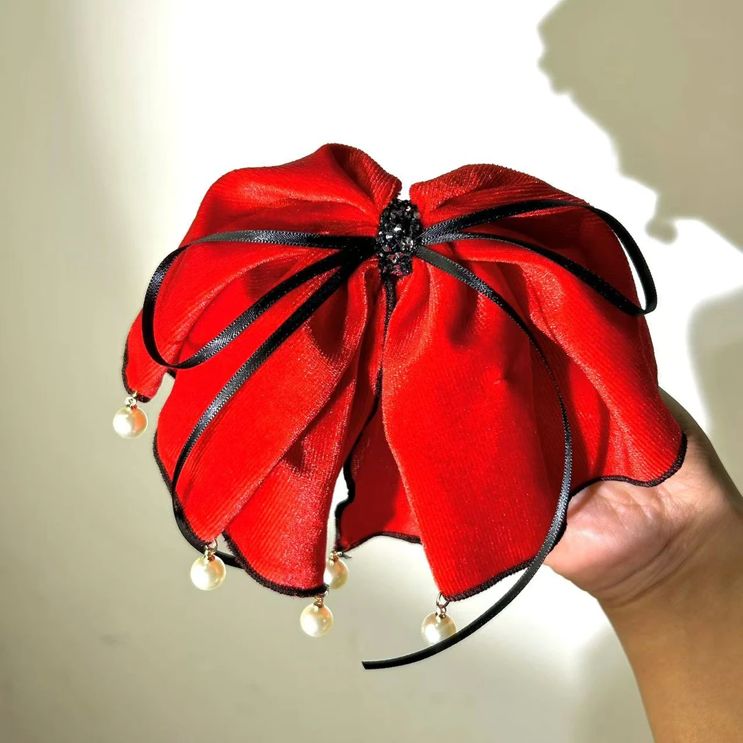 红色绒布蝴蝶结发夹女后脑勺半扎发发卡高级感弹簧夹子头饰