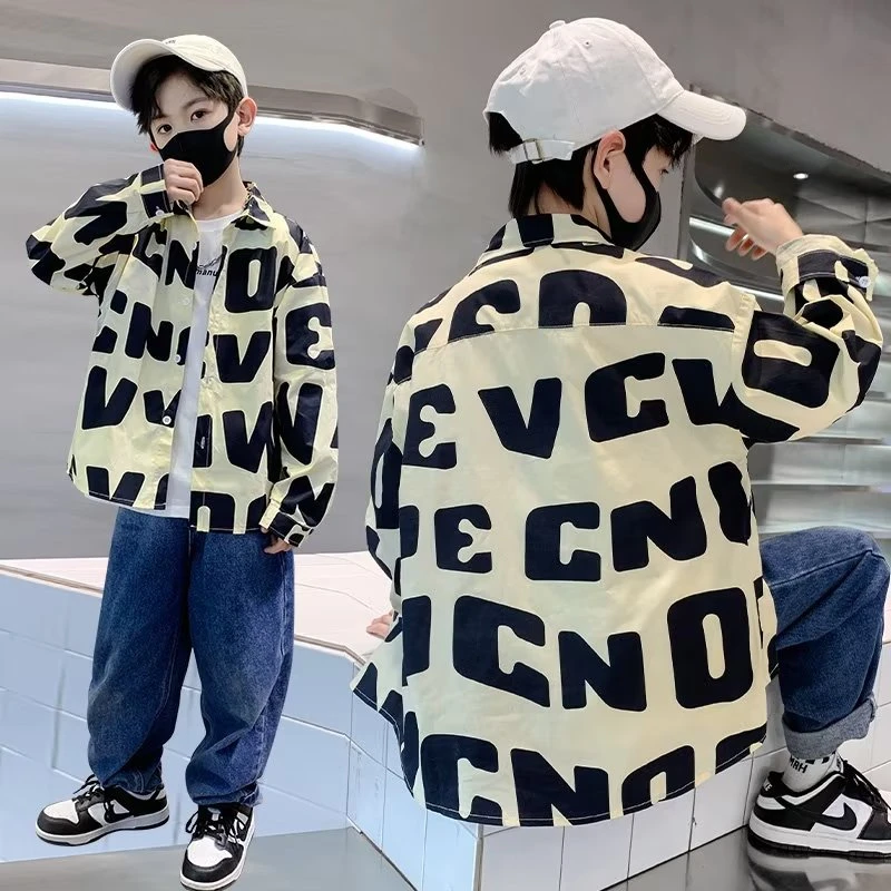 男童衬衫春秋款2024新款韩版中大童字母衬衣外套秋冬打底洋气上衣
