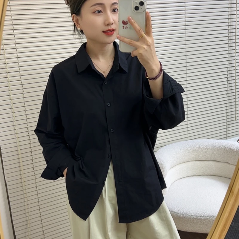 韩系简约高级设计感翻领衬衫女秋季宽松显瘦休闲衬衣长袖减龄上衣