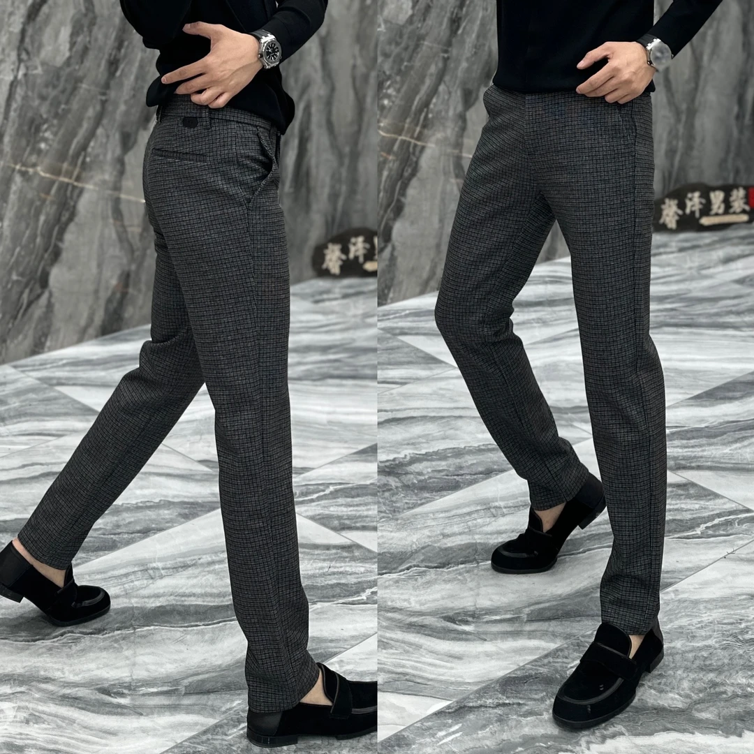 8756男士冬季加厚毛呢千鸟格格子裤高端气质时尚修身百搭格子男裤