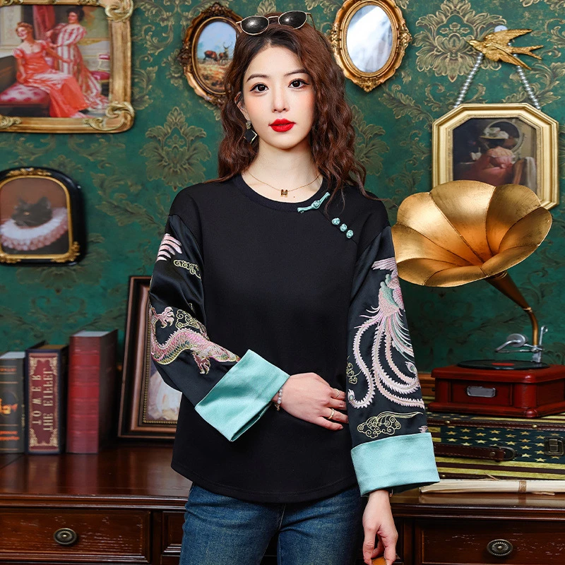 品质保证气质减龄中年女复古新中式刺绣国风卫衣秋冬洋气上衣衬衫