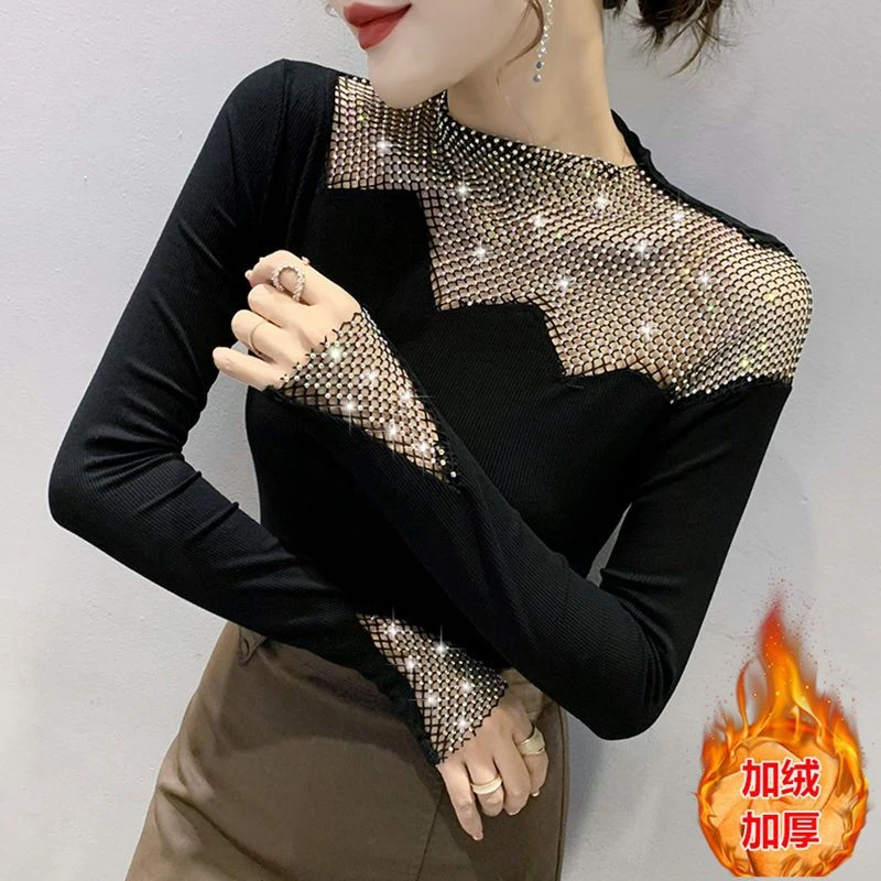 黑色加绒韩版打底衫新款2024秋冬修身显瘦烫钻长袖T恤亮晶晶衣服