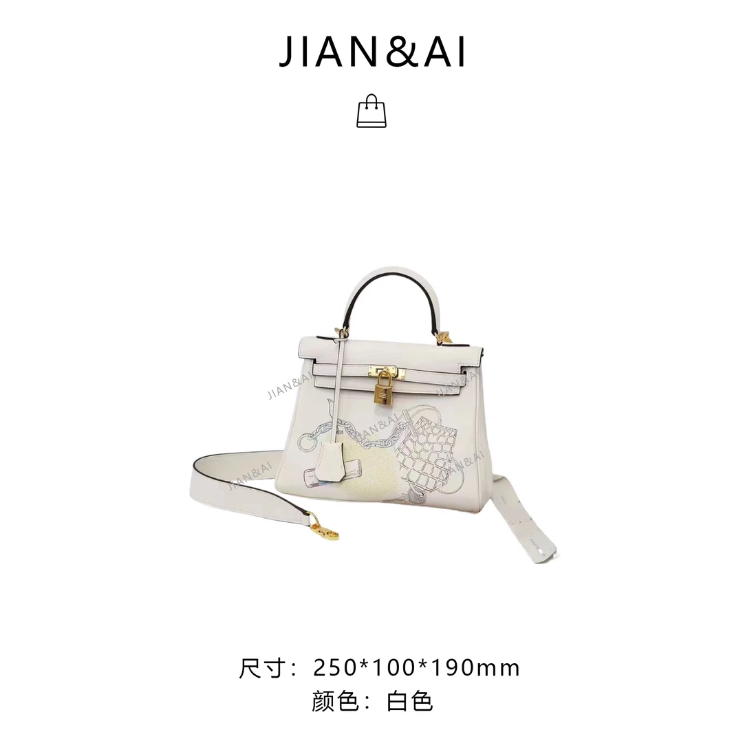 【RAIN.CUN】大马中古限定手绘真皮凯利包手提单肩包 XKY-6951-白色