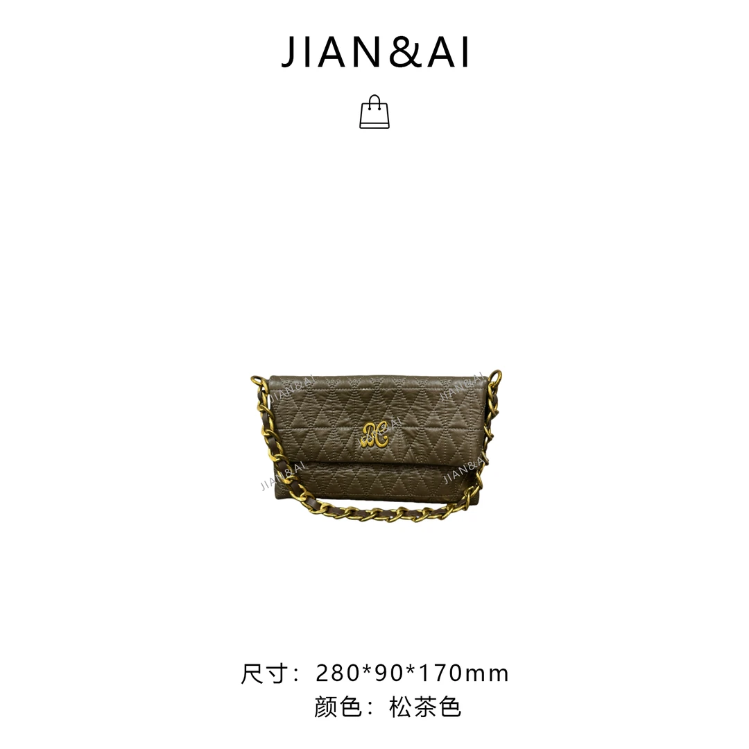 【RAIN.CUN】菱格纹翻盖小众简约百搭链条斜跨包 QYX-95203-松茶色