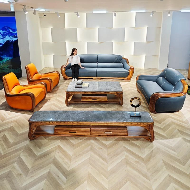 朋宏新中式真皮沙发新简约小户型轻奢客厅实木乌金木沙发组合家具