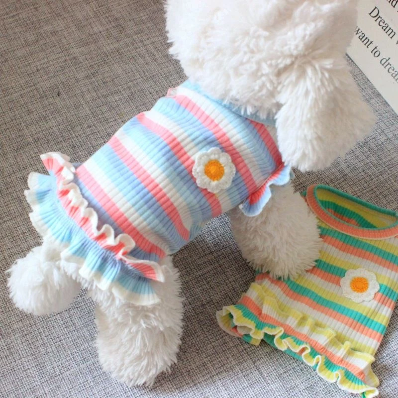 狗狗衣服春款比熊幼犬公主风宠物衣服背心夏季短袖条纹T恤连衣裙