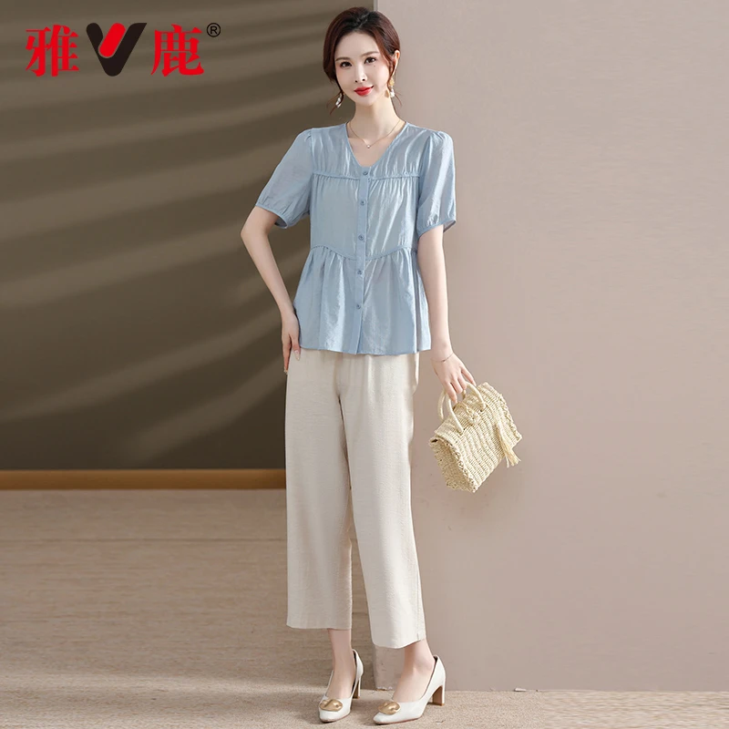 V/雅鹿中老年妈妈夏装2024新款短袖t恤中年女装休闲薄款洋气小衫