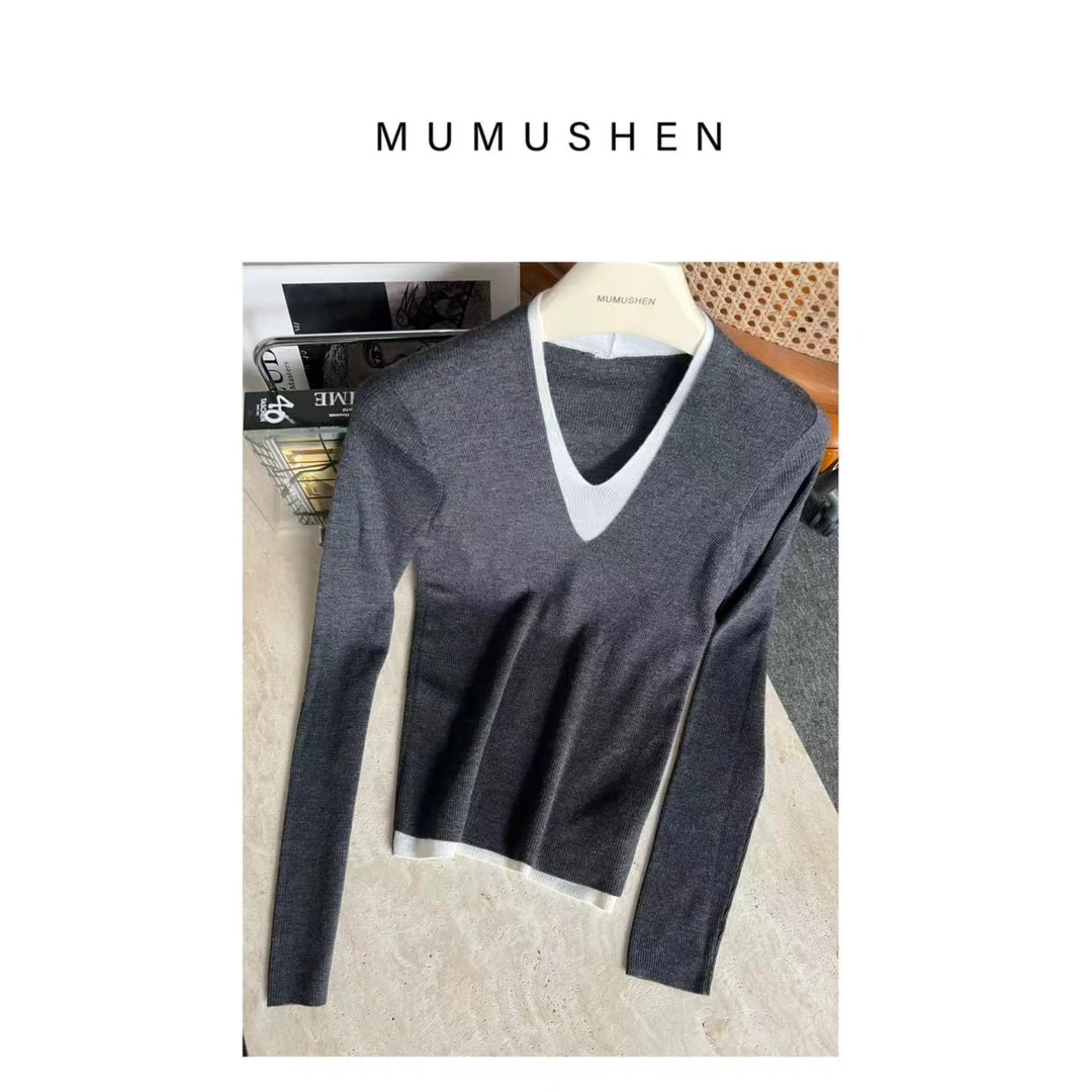 MUMUSHEN 全羊毛撞色假两件V领毛衣