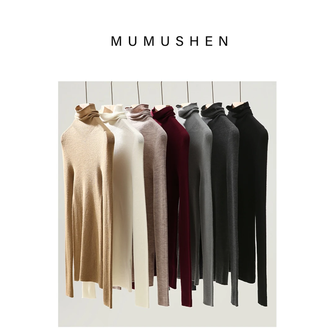 MUMUSHEN精纺全羊毛气质高领针织衫修身长袖堆堆领打底上衣