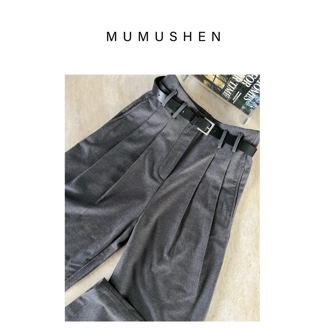 MUMUSHEN 秋冬简约高腰阔腿西裤高级感慵懒风羊毛纺高腰双褶长裤