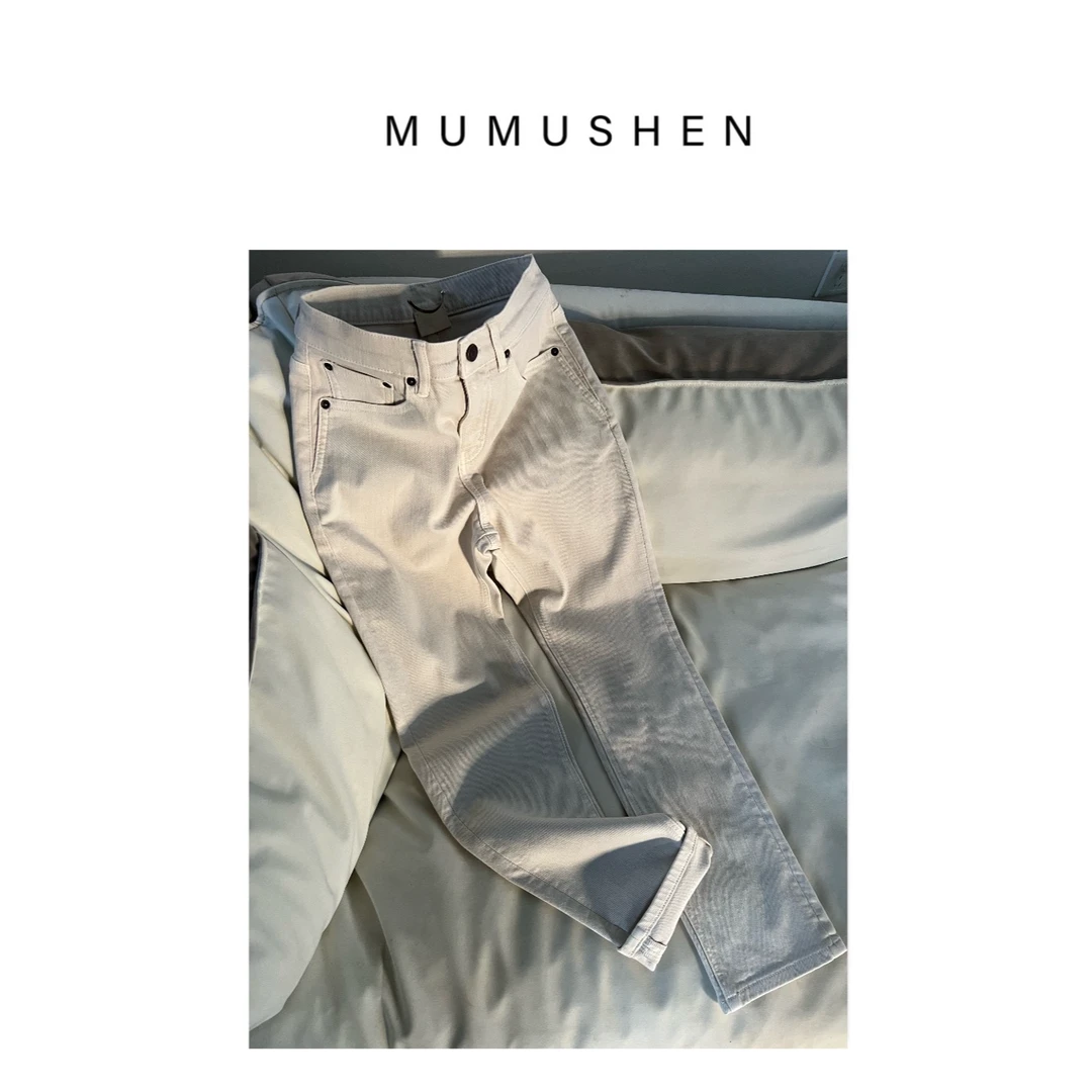 MUMUSHEN 秋冬品质弹力薄磨毛米白显瘦烟管裤靴裤小直筒牛仔裤
