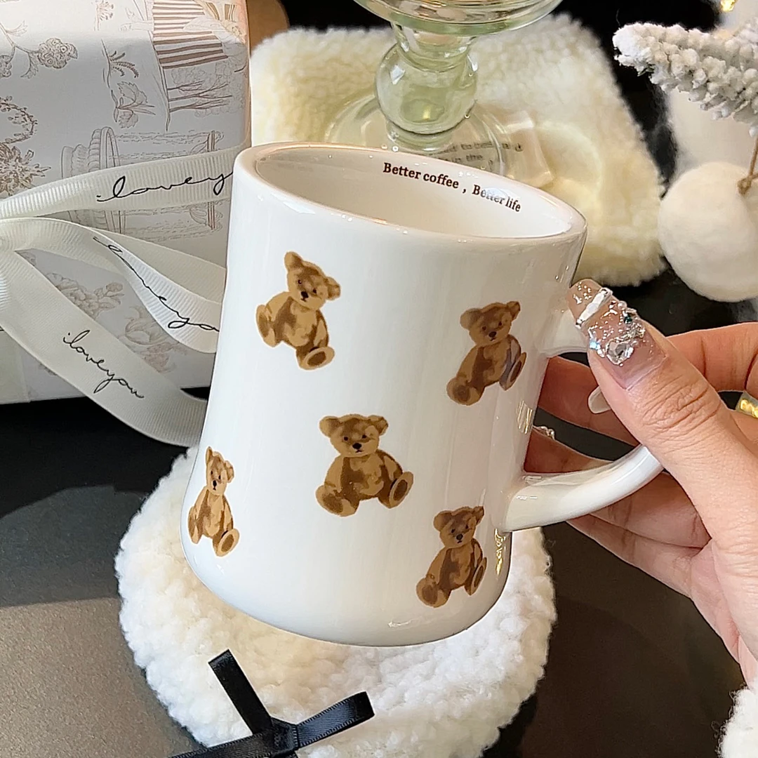 可爱小熊杯子咖啡杯高颜值马克杯陶瓷小众设计感女大容量创意家用