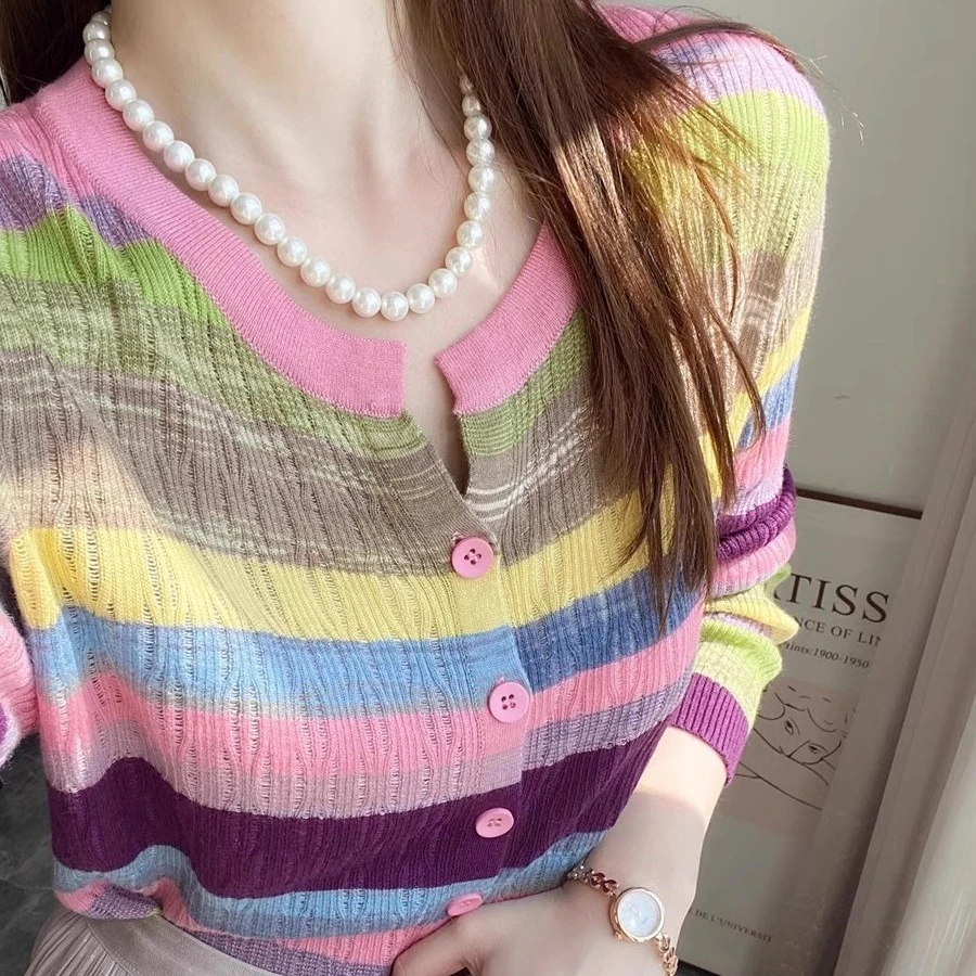2023秋季款时尚纽扣开衫显瘦打底上衣女彩色条纹圆领针织复古百搭