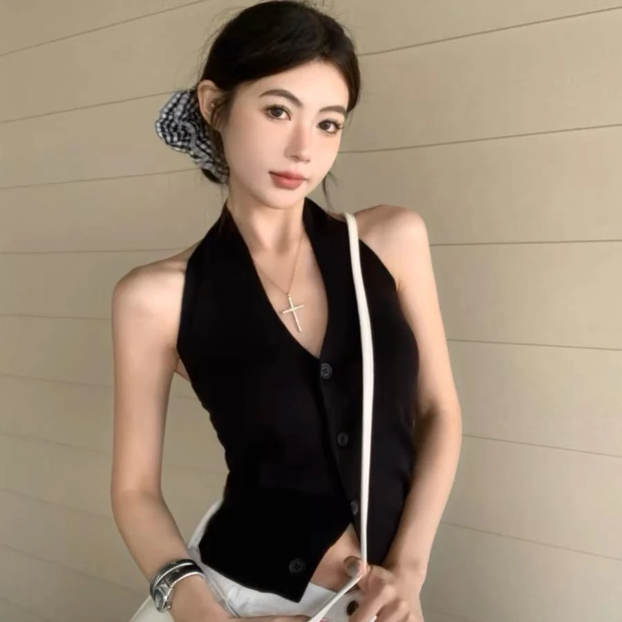 夏季挂脖吊带背心女露背纽扣气质性感修身显瘦纯欲辣妹设计感上衣