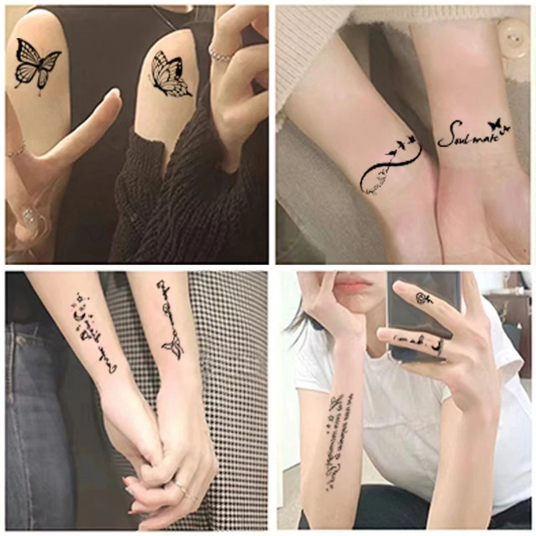 暗黑系蝴蝶英文花朵纹身贴女防水持久仿真时尚手腕锁骨纹身贴纸