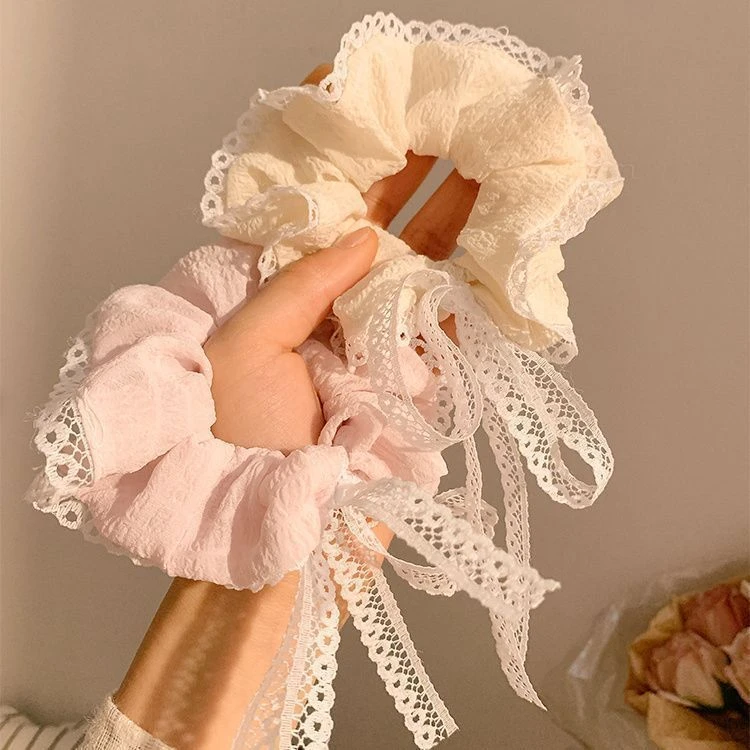 韩系温柔蝴蝶结大肠发圈女高级感粉色丝带蕾丝飘带发绳发饰头饰