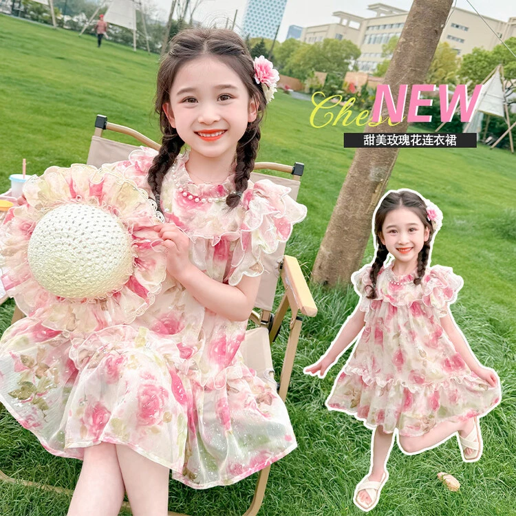 连衣裙韩版夏季植物花卉花朵女童儿童蕾丝洋气宝宝中大童