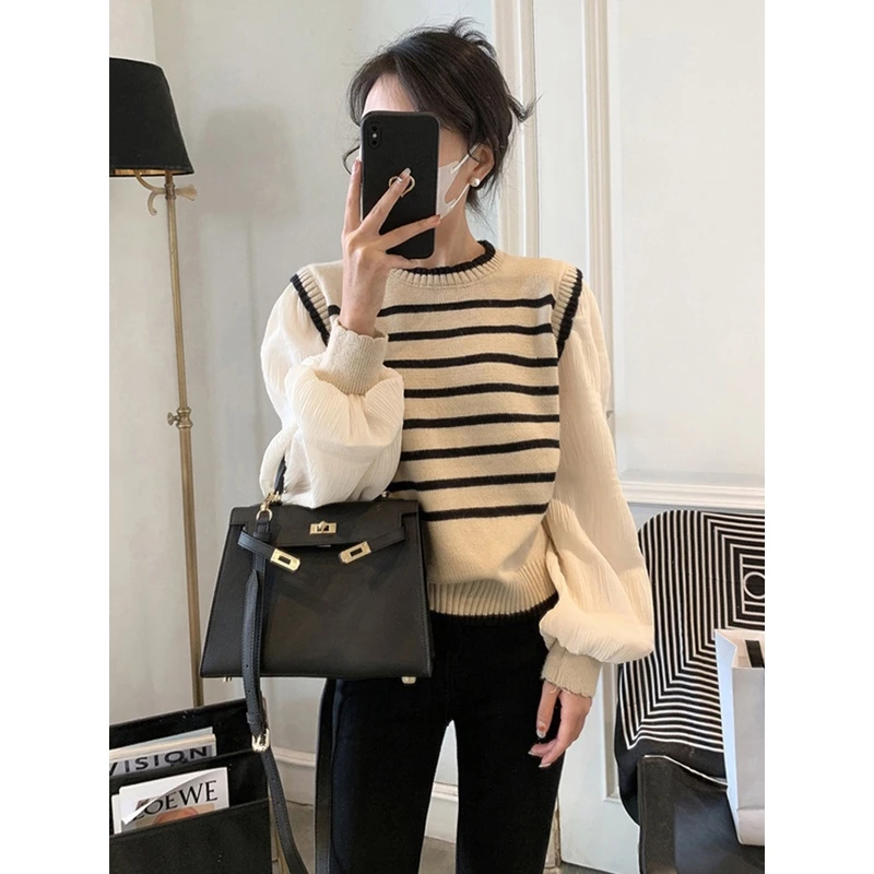 撞色条纹拼接法式复古针织衫毛衣套头女初春假两件设计感小众上衣