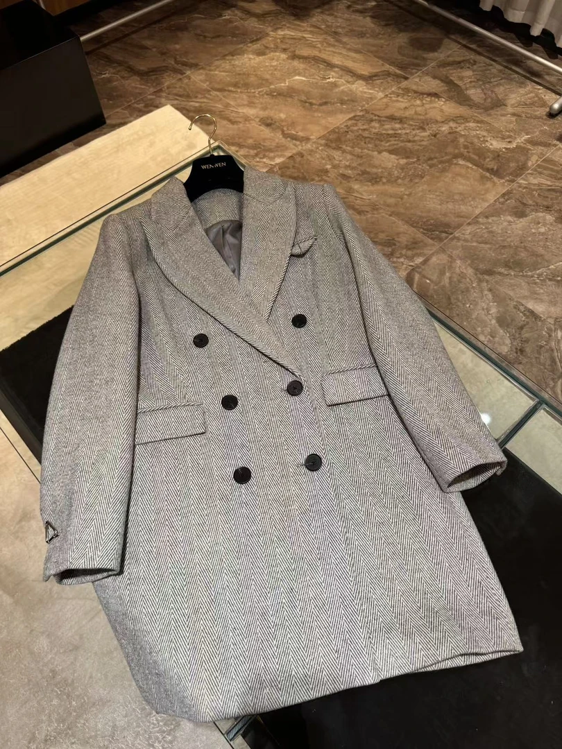 WW2025新款女士休闲时尚长款灰白大衣0060