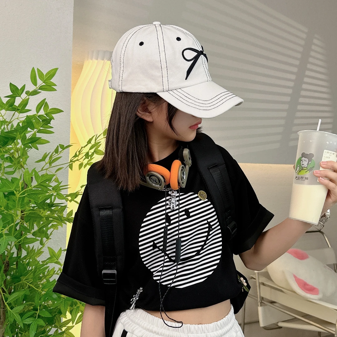 H【跳跳鱼专属】夏季新款249063中大童潮流条纹笑脸百搭上衣半袖t