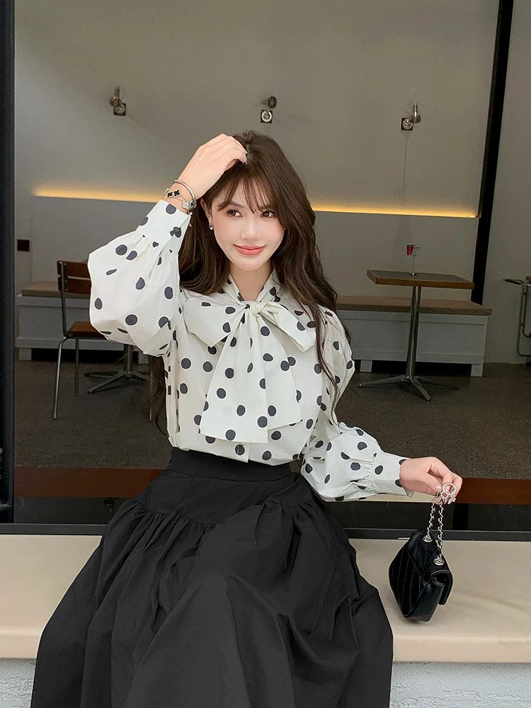 摩登主义经典波点大码秋装气质轻奢套装 泡泡袖衬衫➕高腰显瘦半裙