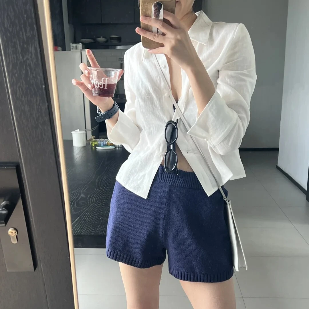 肌理感短款收腰棉麻衬衫白色衬衫法式慵懒松弛穿搭