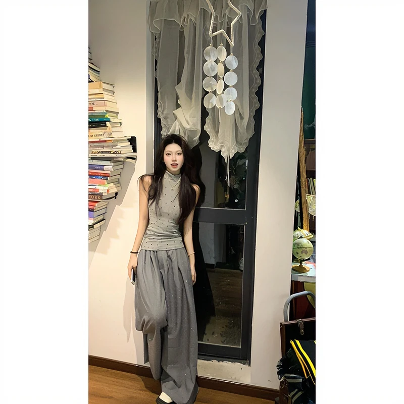 夏季辣妹修身显瘦时尚波点灰色半高领背心宽松垂感拖地贴钻休闲裤