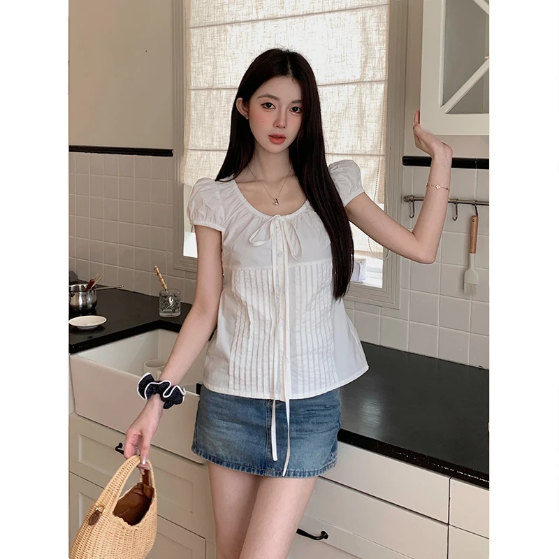 2024夏季新款韩系气质甜美风白色系带泡泡袖短袖单排扣衬衫上衣女