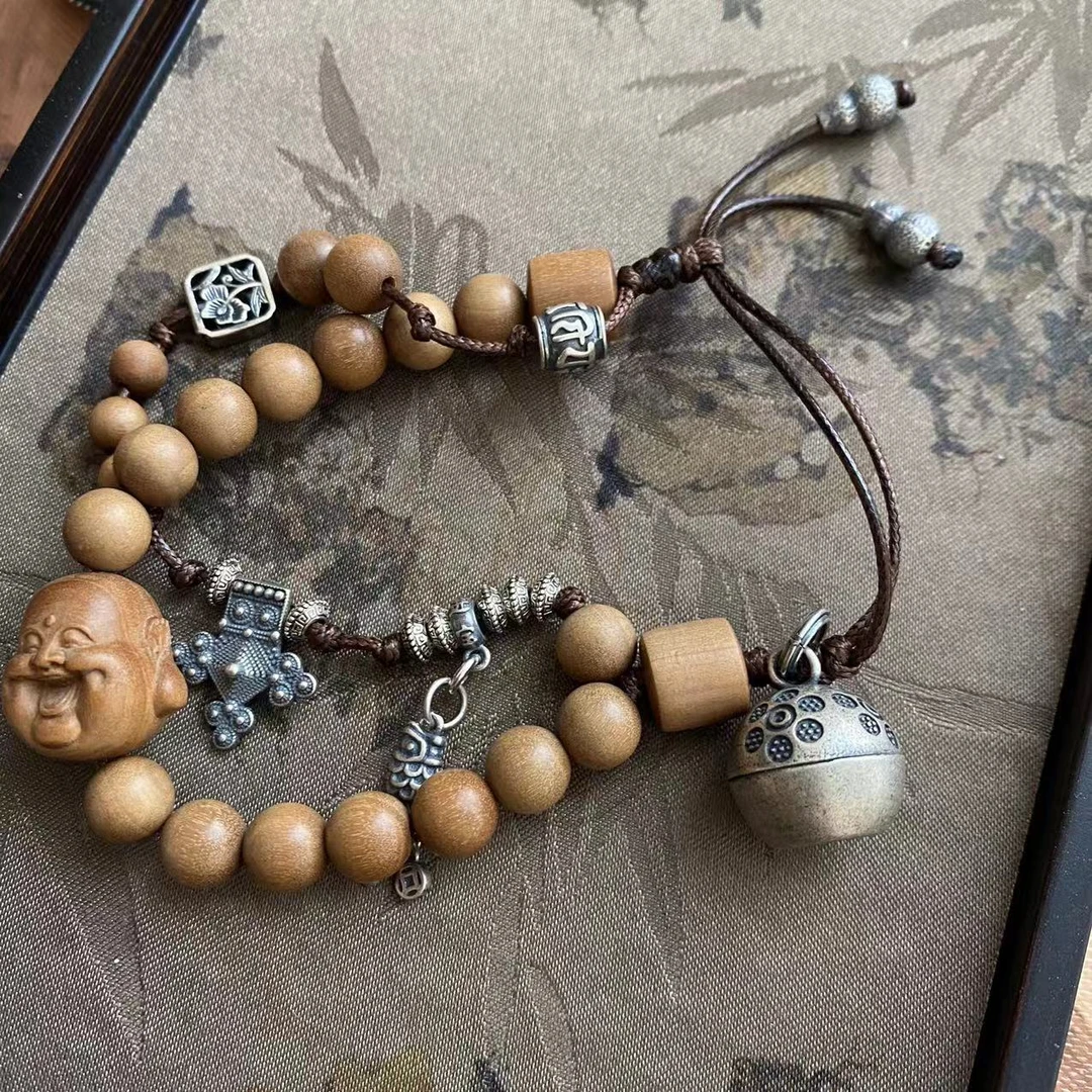 925银木质手链 肖肖分享 925银老山大圆圆佛头手链573