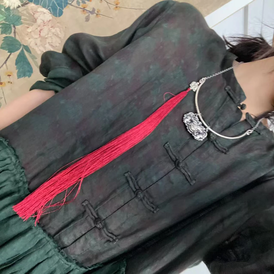 吊坠足银布艺 老银錾刻足银项链流苏款（过年红）582