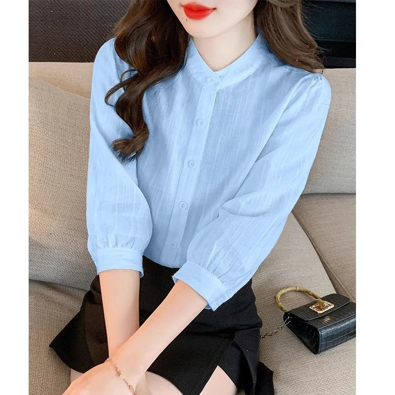 早秋新款七分袖纯棉衬衫女立领小个子中袖上衣薄款棉麻小衫打底衫