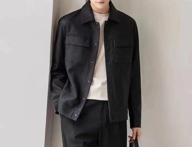 高品质仿真皮软质感哑光翻领男士短款合身版型休闲夹克韩版潮流