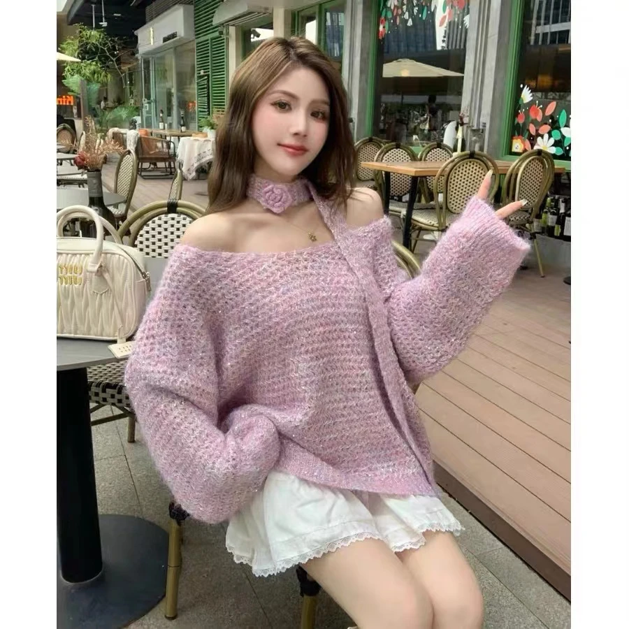 慵懒风设计感亮片V领套头毛衣女秋季新款宽松显瘦减龄针织衫上衣