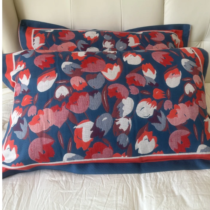 大号红蓝相间花朵枕巾一对50*80纱布枕巾吸汗透气家用成人枕巾