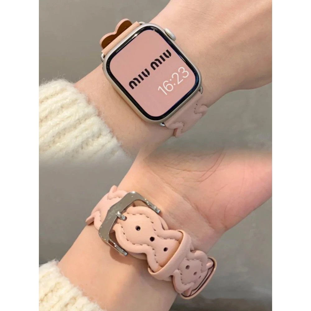 ins秋冬款适用Applewatch8真皮质波浪表带苹果手表7654321女小众
