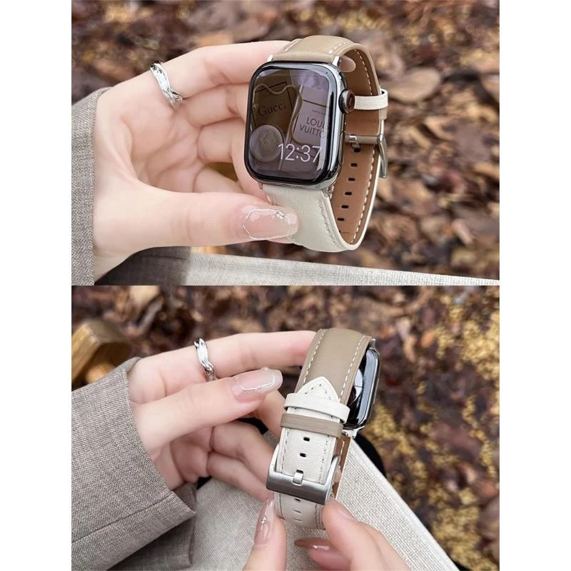 ins风适用applewatchS9新款小牛皮拼色表带苹果手表8765432秋冬se