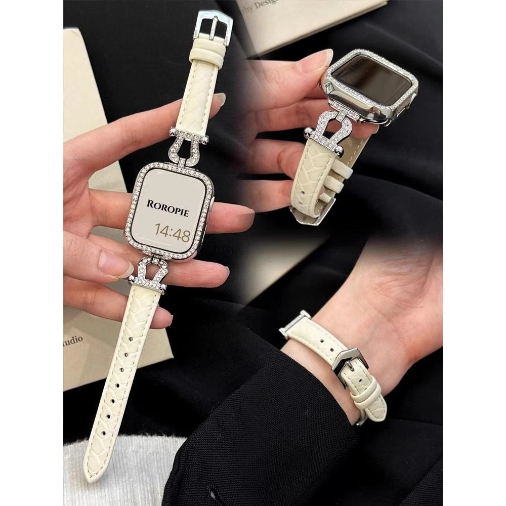 ins风适用Applewatch8细款小蛮腰真皮质表带苹果手表7654321女se