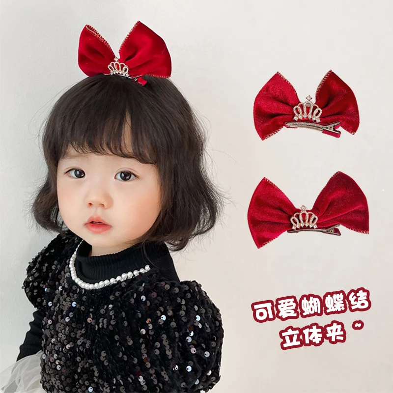 立体皇冠蝴蝶结儿童发夹头饰大红色女童发饰新年过年宝宝发卡发圈