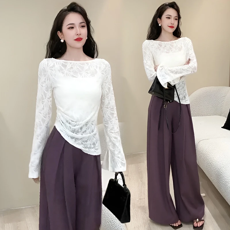 法式圆领微透刺绣提花薄款喇叭袖T恤女春秋新款修身显瘦打底上衣