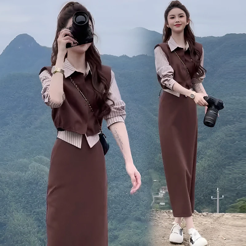 时尚套装裙女2025春秋新款洋气假两件条纹衬衫领上衣半身裙两件套