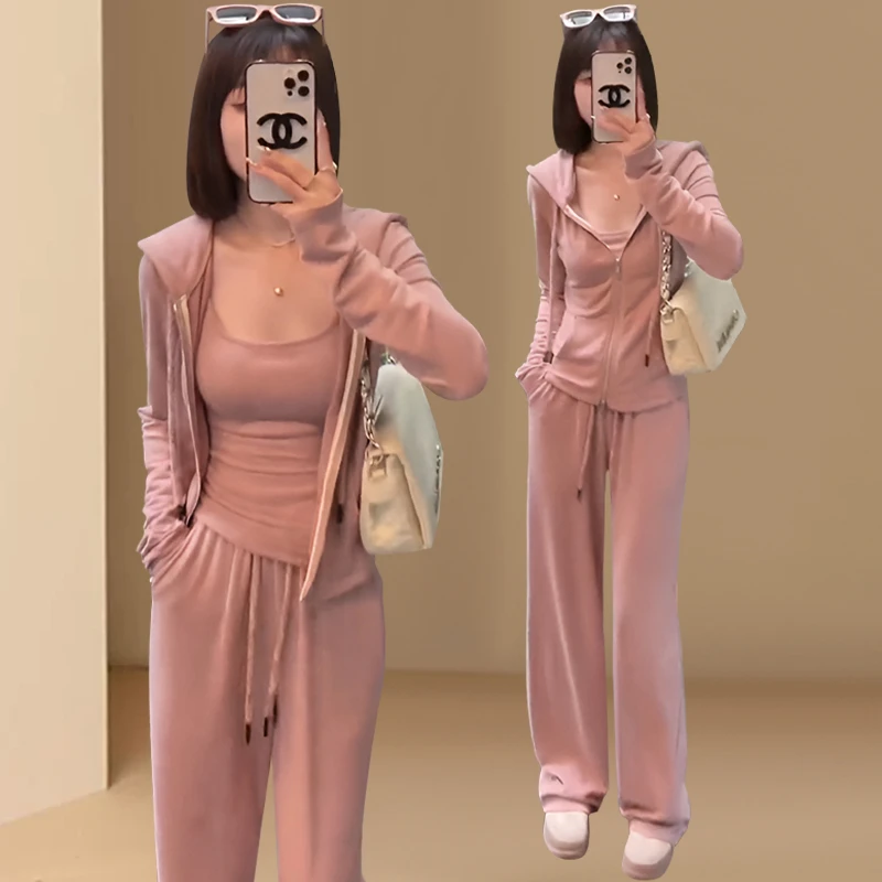 时尚休闲运动套装女春秋慵懒风宽松外套搭吊带松紧腰直筒裤三件套