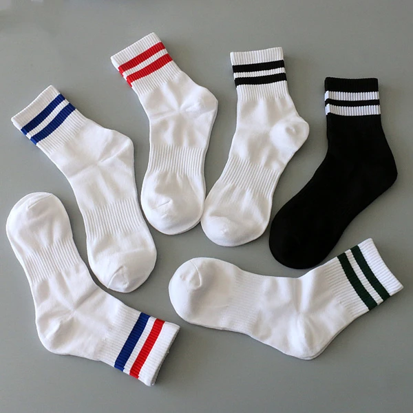 夏季时尚二道杠休闲运动袜子四季加厚中筒男袜毛圈袜训练学生袜