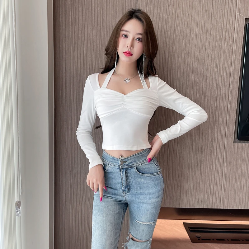 挂脖设计感显胸大辣妹上衣女短款高腰露脐长袖独特别致性感打底衫