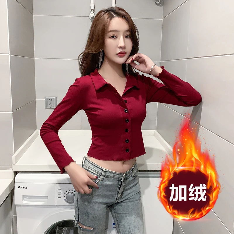 性感上衣短款露脐POLO打底衫春秋2025新款加绒加厚修身高腰T恤女