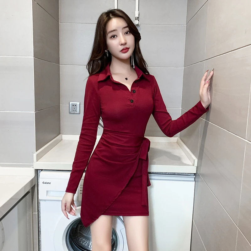 秋装气质连衣裙性感加绒加厚裙子女绑带收腰修身不规则POLO包臀裙