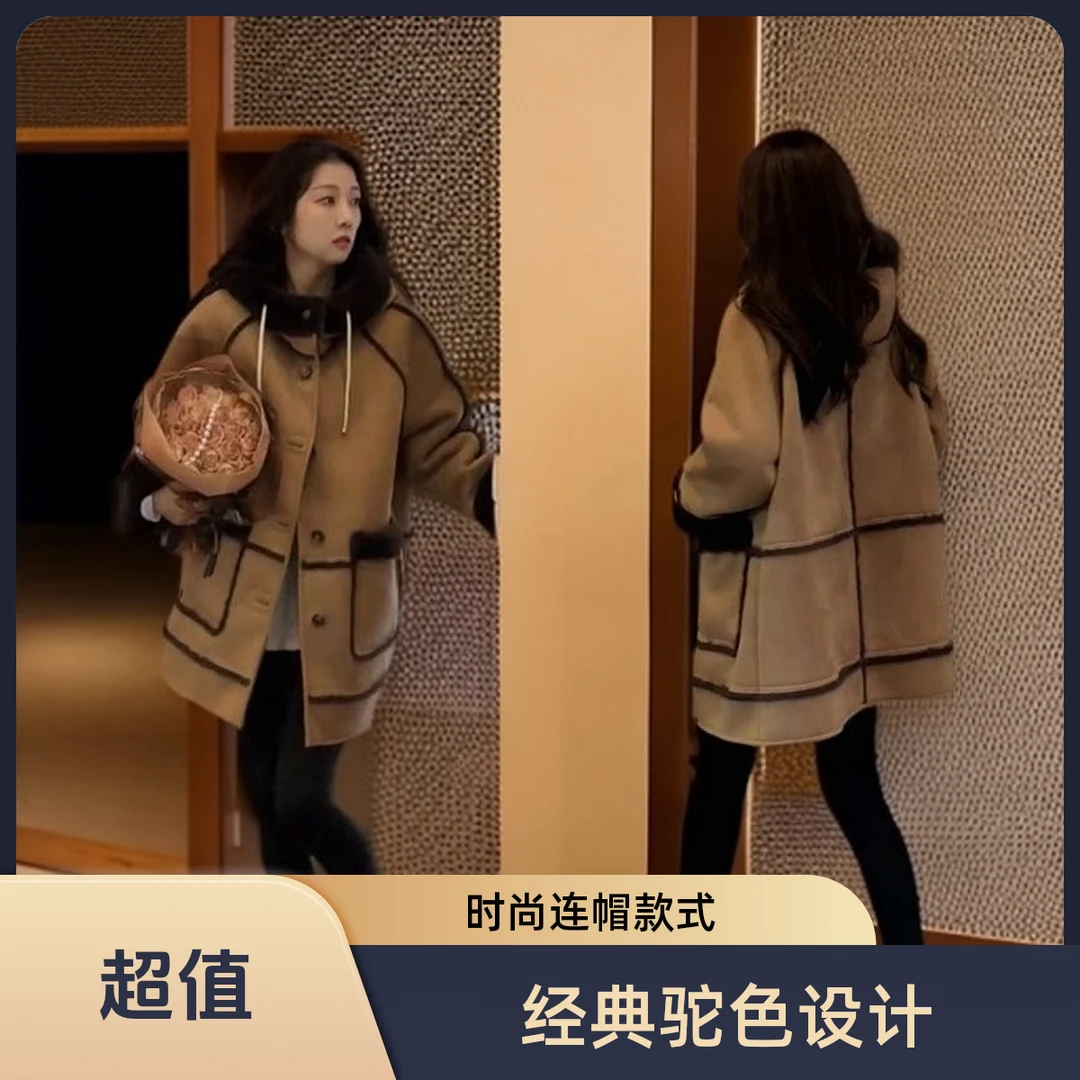 壹冬季新款韩版中长款休闲绒加绒厚连帽羊羔毛皮毛一体大衣女外套